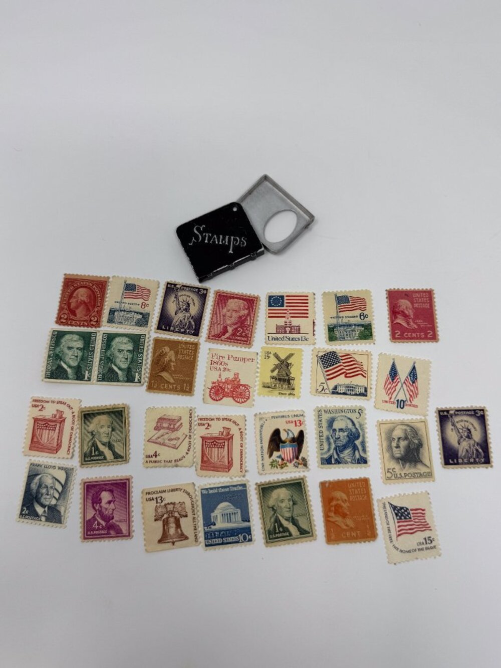 Vintage US Postage Stamp Lot + Mini Stamp Holder Case Americana Collectible
